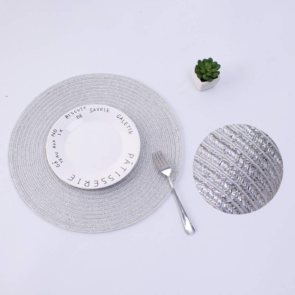 Silver Glitter Round Placemats Set of 6 Sparkle Bling Place Mats Glitz Table Mats for Holiday Home Party Wedding