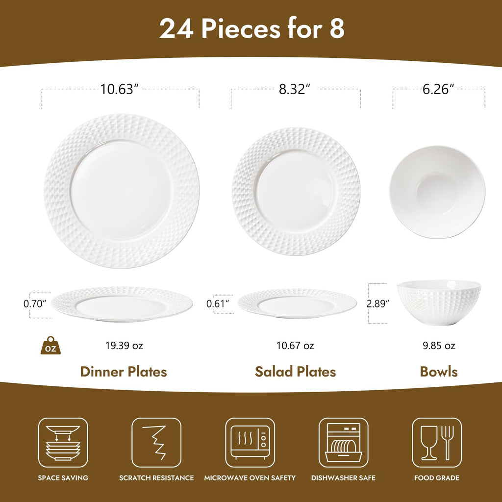 24Pc Rhombus Edge White Bone China Set, Service for 8