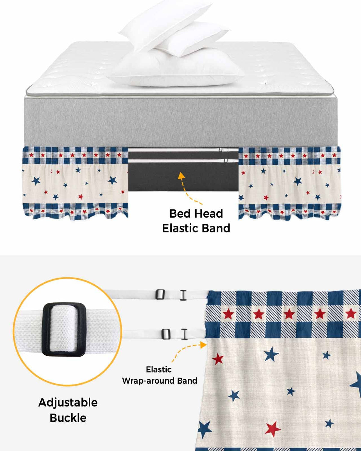 Blue Red Stars Bed Skirt 16 Inch Drop, Adjustable & Elastic Wrap Around Bed Skirts Pleated Luxury Dust