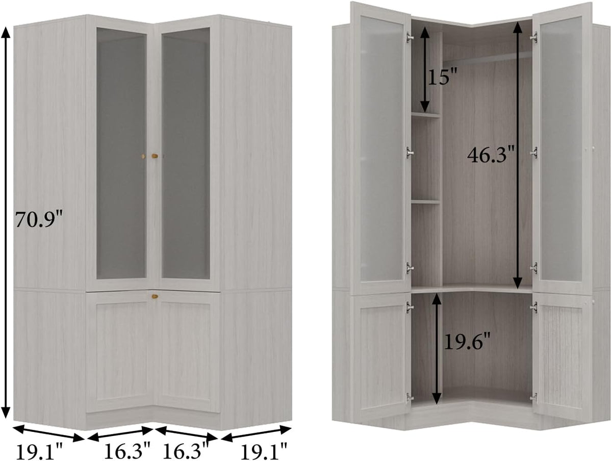 Corner Wardrobe, L-Shaped Modern Bedroom Armoires with Frosted Glass Doors and Hanging Rod, Corner Armoire Wardrobe