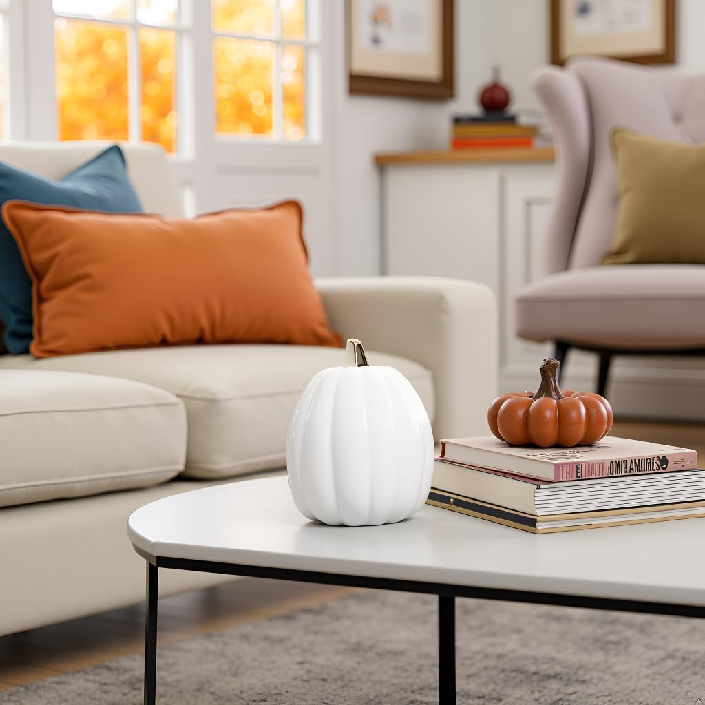 Ceramic Pumpkin Fall Decor with Gold Stem, White