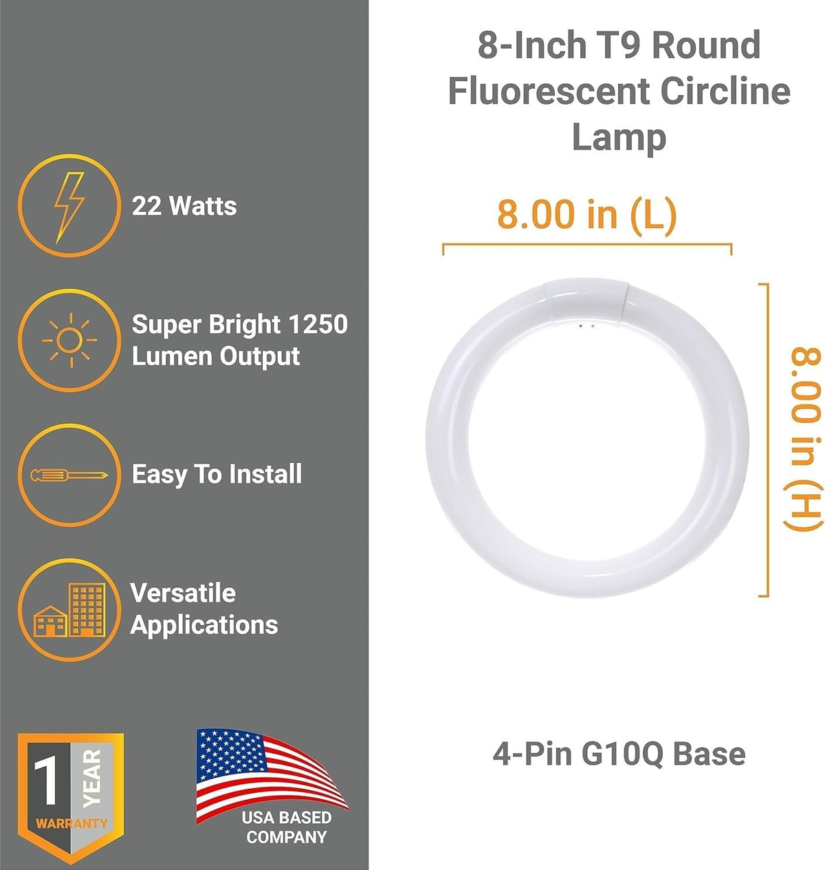 8 Inch T9 Round Circline Fluorescent Light Bulb 22W 1250 Lumens 4100K Cool White G10Q 4-Pin Base Rohs Compliant Pack