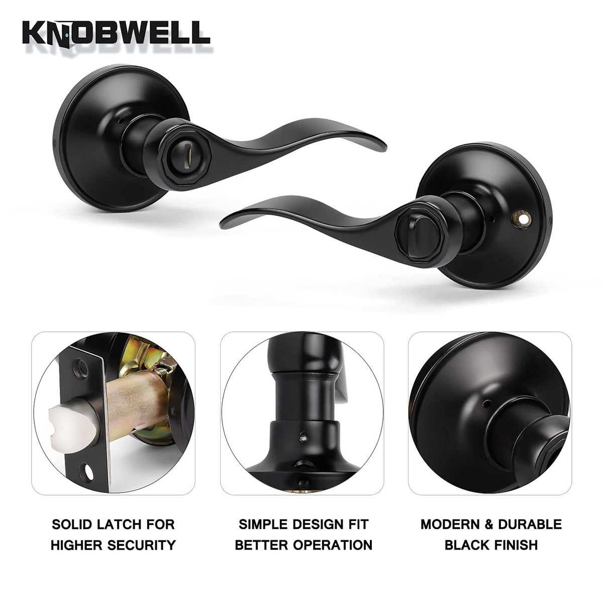 2 Pack Black Interior Door Handles Privacy Door Levers with Lock Inside, Keyless Wave Style Door Handle Knobs for