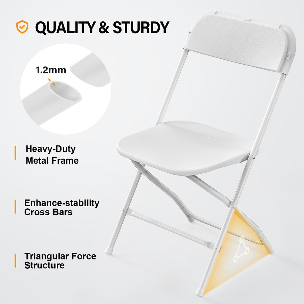 20 Pack White Plastic Folding Chair, Indoor Outdoor Portable Stackable Commercial Seat with Steel Frame 350lb.