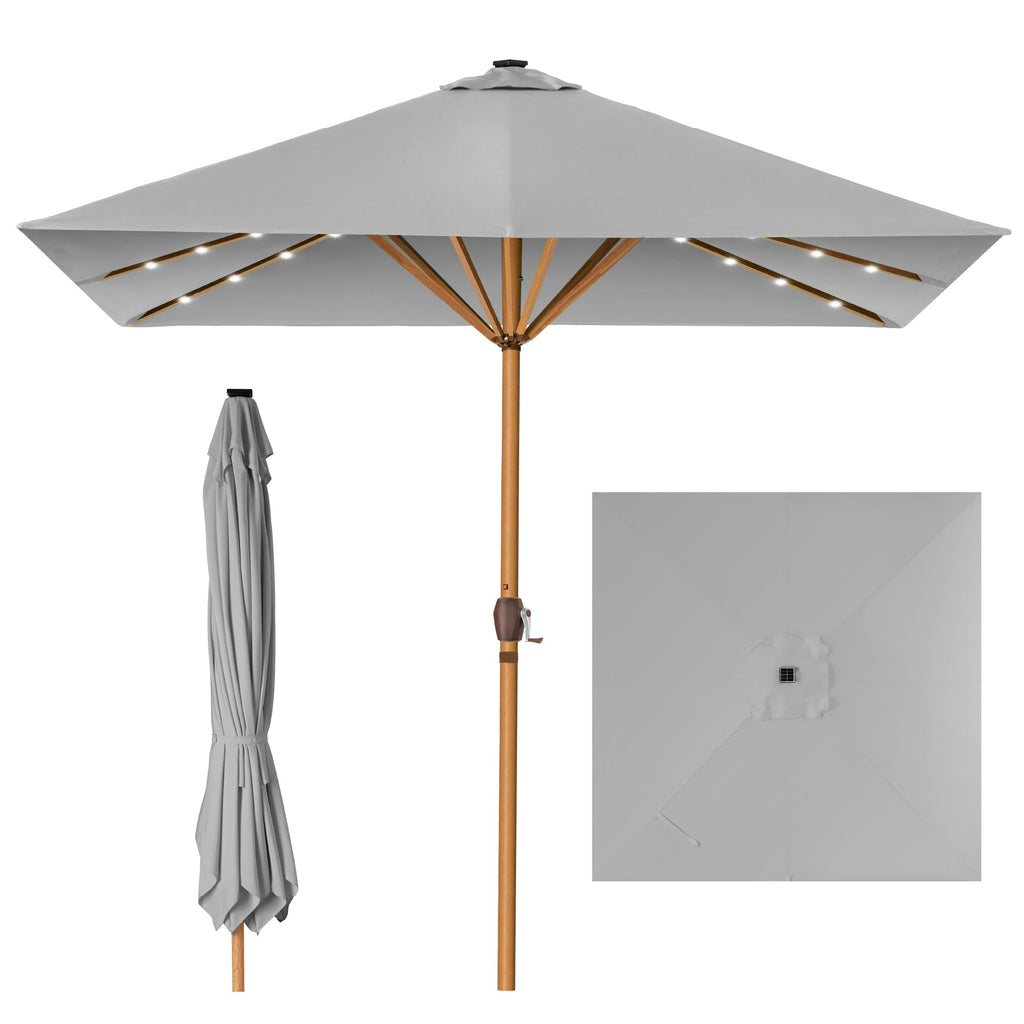 9ft Deep Square Solar Powered LED Lighted Patio Umbrella w/Woodgrain Pattern, UV-Resistant Fabric, Hand Crank - Fog