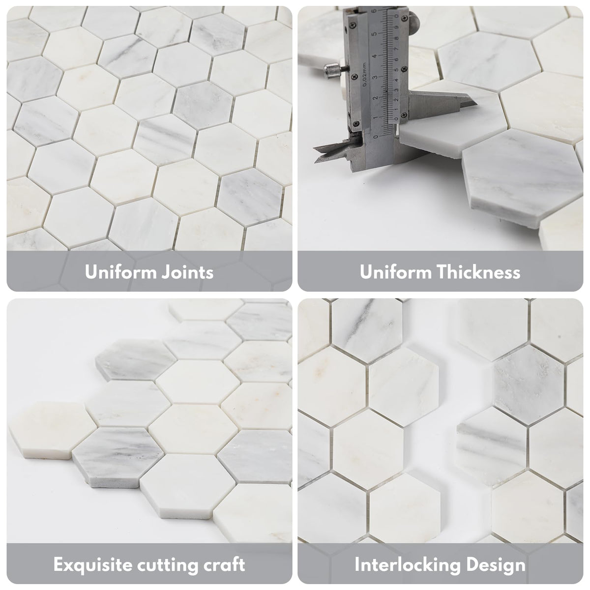 Bianco Alba Marble Stone 2 Inch Hexagon White Marble Mosaic Tile Wall Bathroom Shower Floor (5 Sheet, Honed)