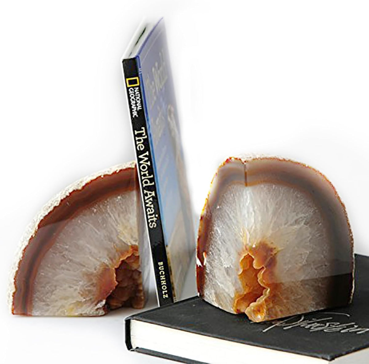 Natural Agate Geode Bookends Anti-Slip Rubber Bumpers 1 Pair 4-6Lbs | Heavy Duty Crystal Book Stoppers Cute Crystal
