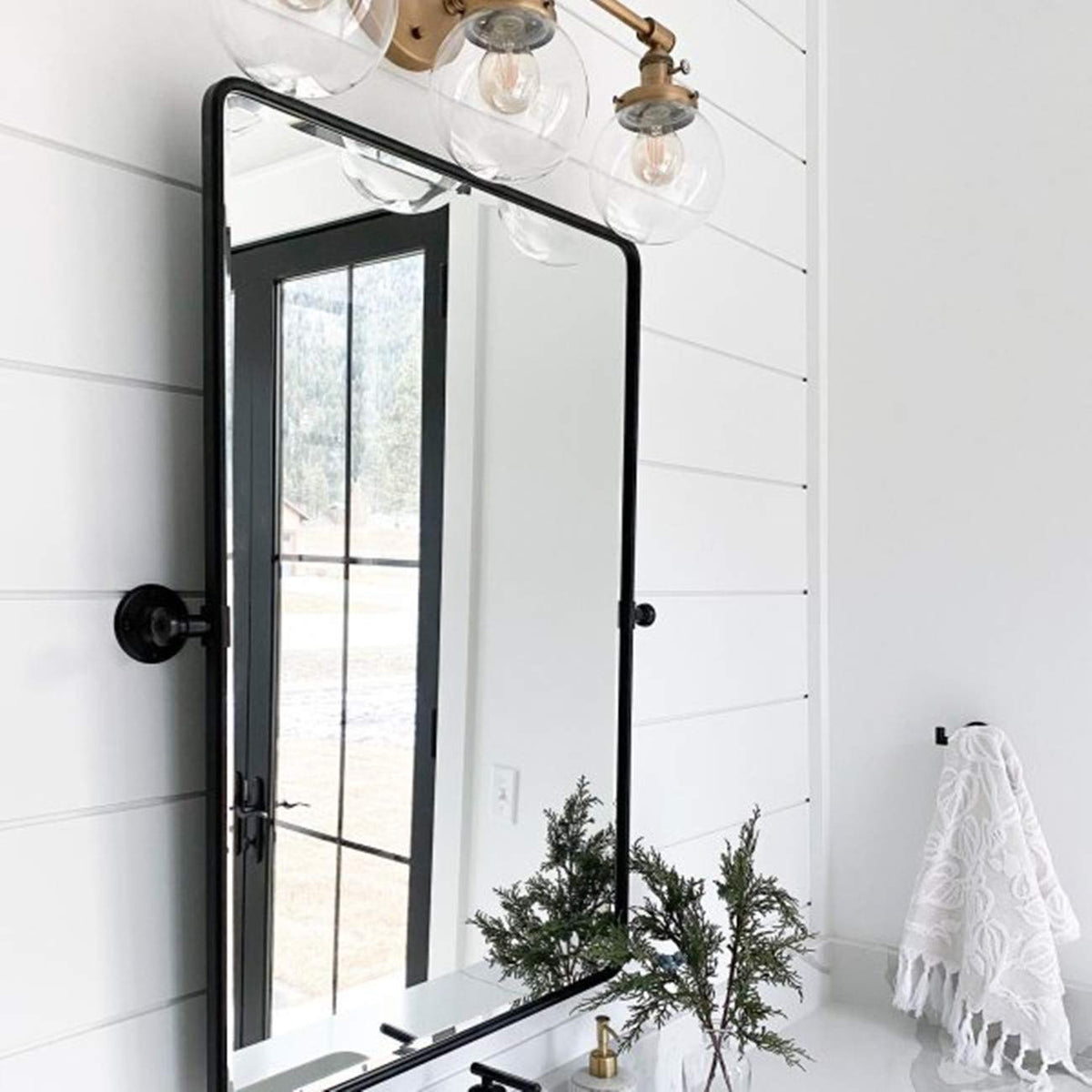 Pivot Mirror Matt Black Tilt Beveled Mirror Rectangle Bathroom Mirror Pivoting Metal Framed Vanity Mirrors for Wall