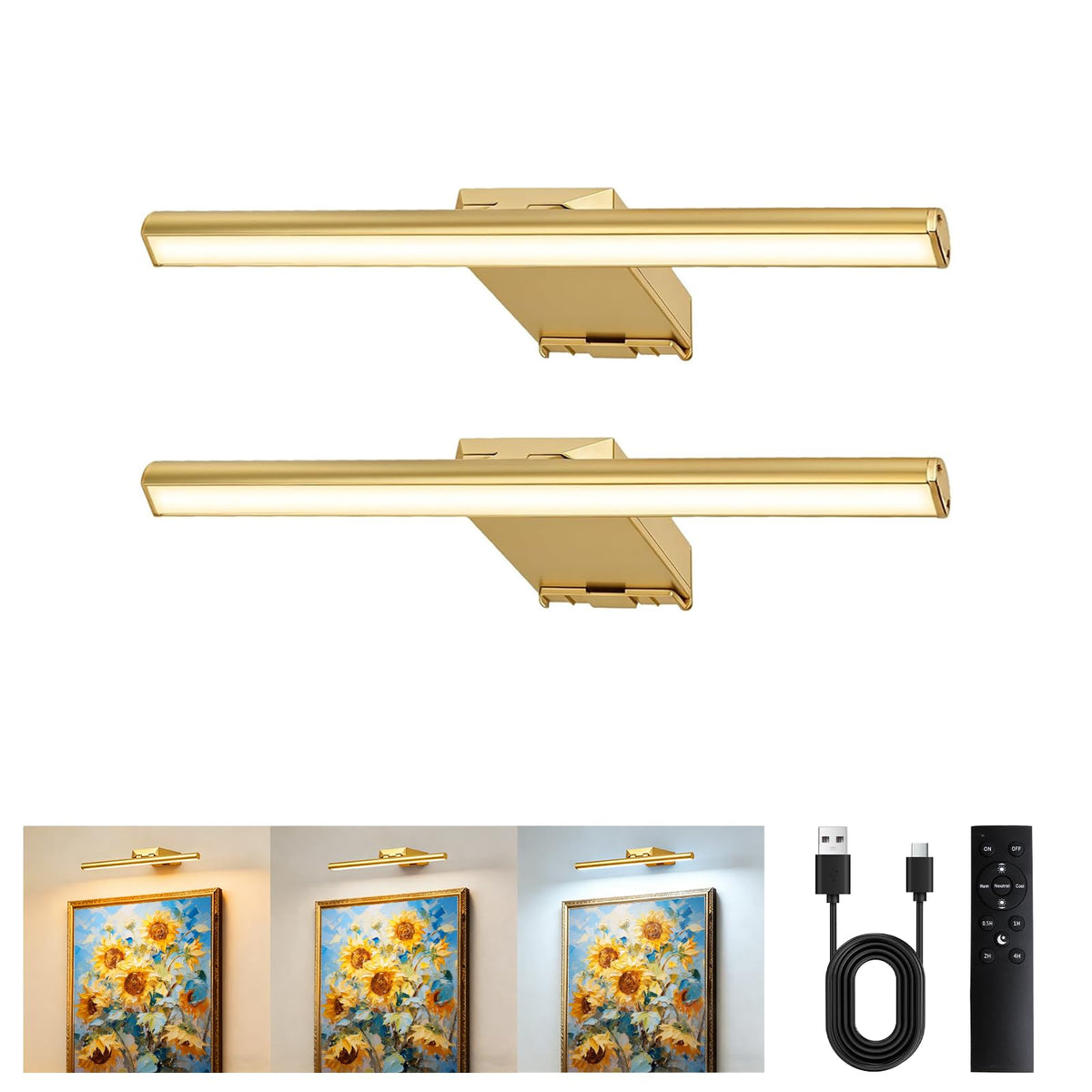 9'' Picture Light for Wall, 5000mAh Rechargeable Wall Lights, 3 Colors, Stepless Dimmable LED Art Painting Light