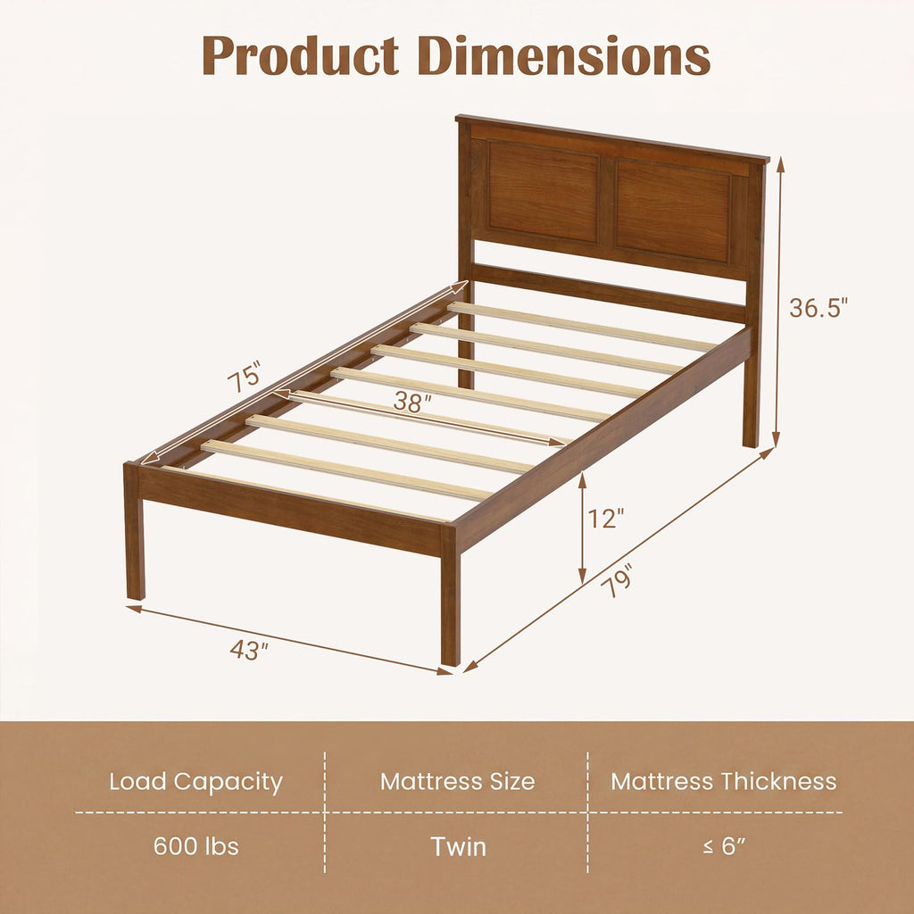 Twin Size Bed Frame, Farmhouse Wooden Platform Bed with Headboard