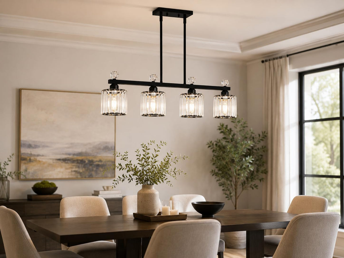 32" Crystal kitchen Island Lighting, 4-Light Black Linear Pendant Light