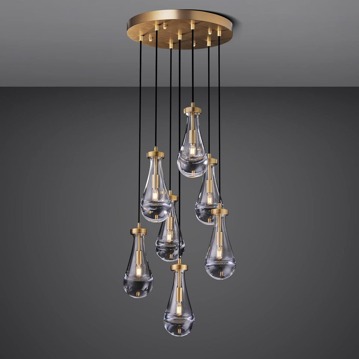 Raindrop Pendant Lights Kitchen Island Teardrop Gold Hanging Light Fixtures Clear Solid Glass Pendant Light Modern Chandeliers for Dining Room Porch Corridor Living Room (7-Light)