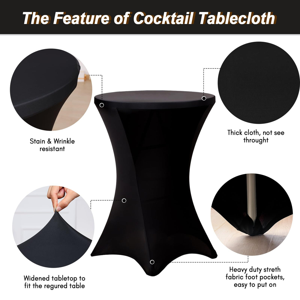 2 Pack Cocktail Tablecloth Bar Top Table Covers Round Black Spandex
