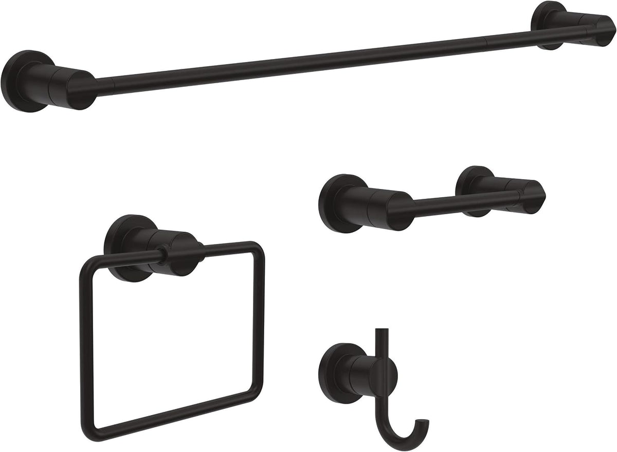 4-Piece Matte Black Bathroom Set Towel Rack, Ring, Toilet Paper Holder, Hook | Nicoli Bath Accessories