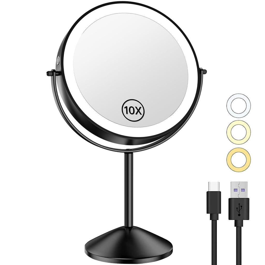 8" Lighted Makeup Mirror with Magnification 10X/1X, 3 Color Lights