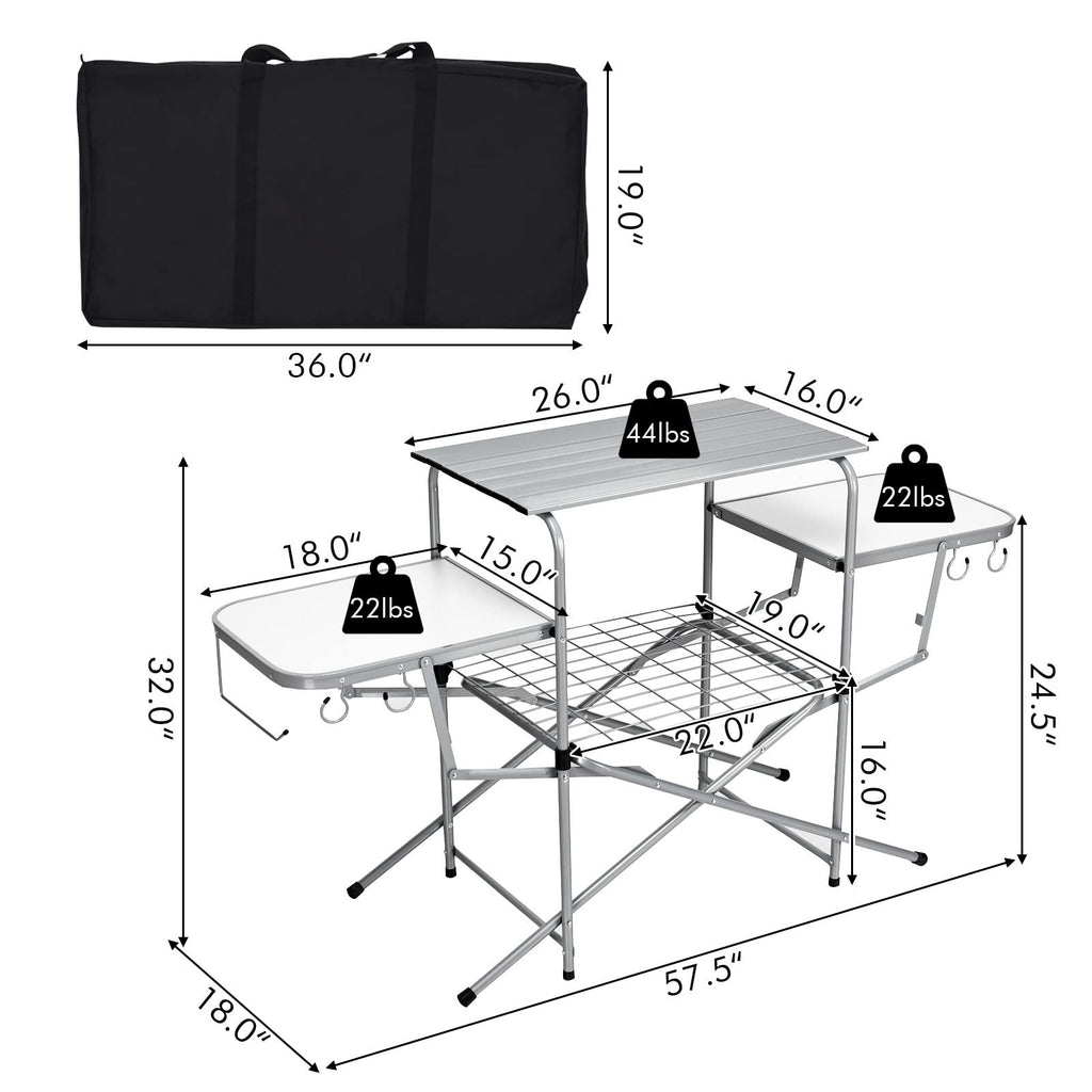 Folding Grill Table with 26'' Main Tabletop, Portable Aluminum Camping Table, Carrying Bag, Quick Set-up, Outdoor