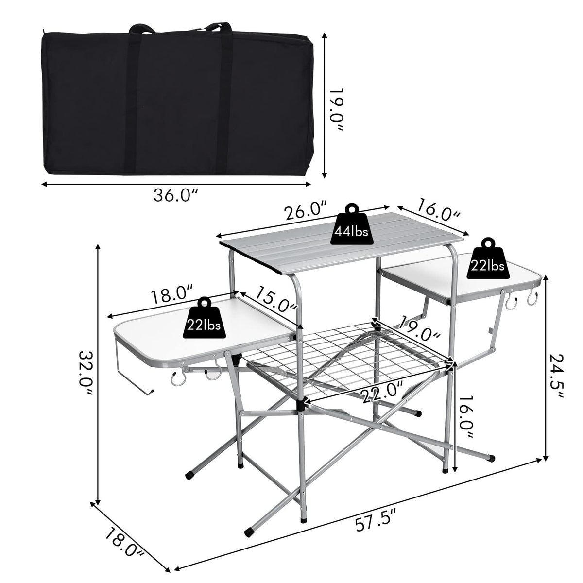 Folding Grill Table with 26'' Main Tabletop, Portable Aluminum Camping Table, Carrying Bag, Quick Set-up, Outdoor