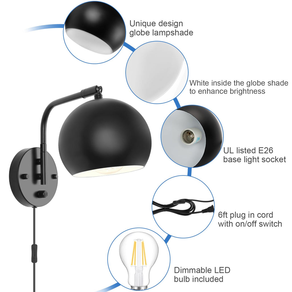 Dimmable Wall Sconces Set of 2, Plug in Wall Sconces Swing Arm Wall Lights with Plug in Cord and Dimmer On/Off Knob