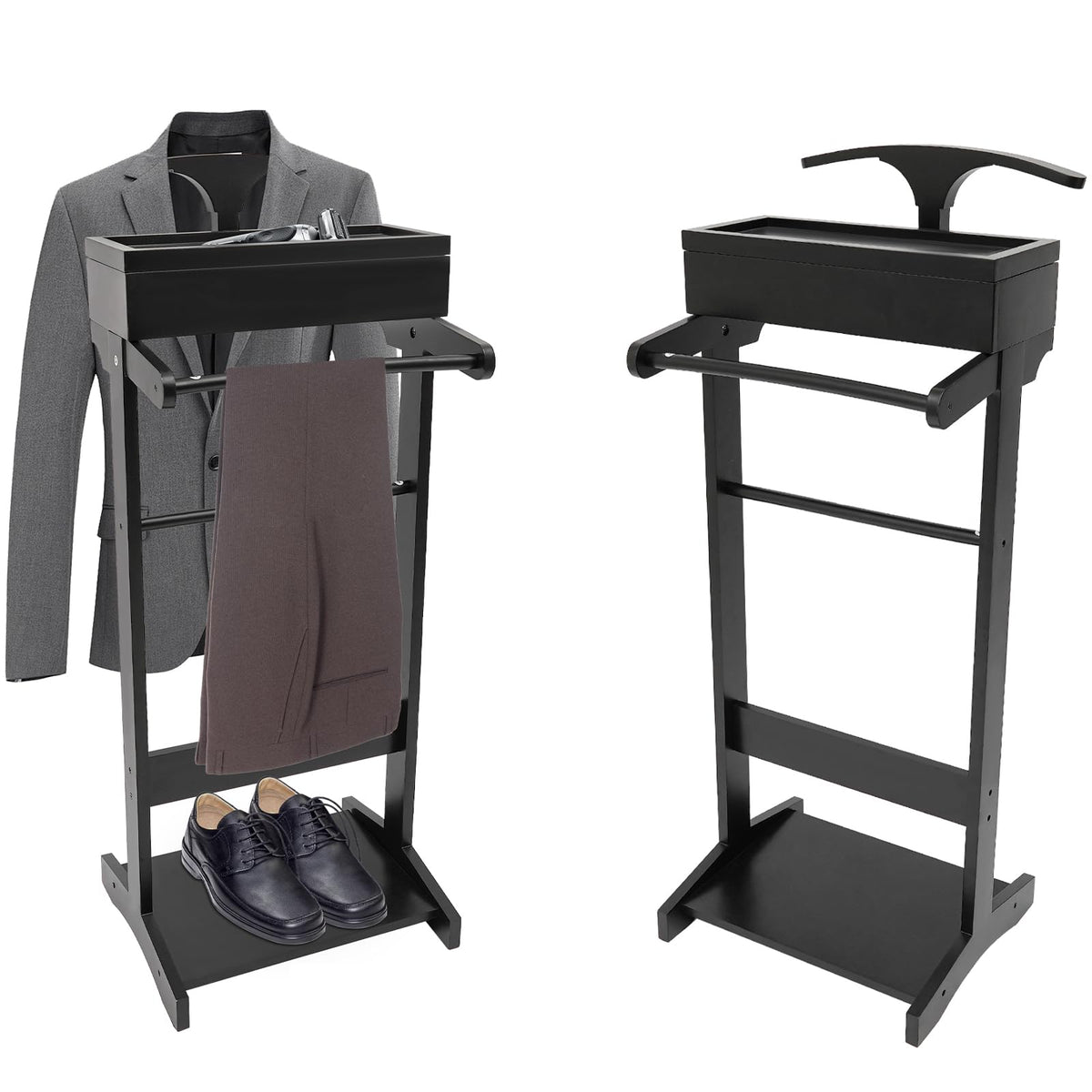 Suit Valet Stand for Men, Black Wooden Clothing Valet Stand with Hanger and Tray Bedroom Organizer for Coats Suits