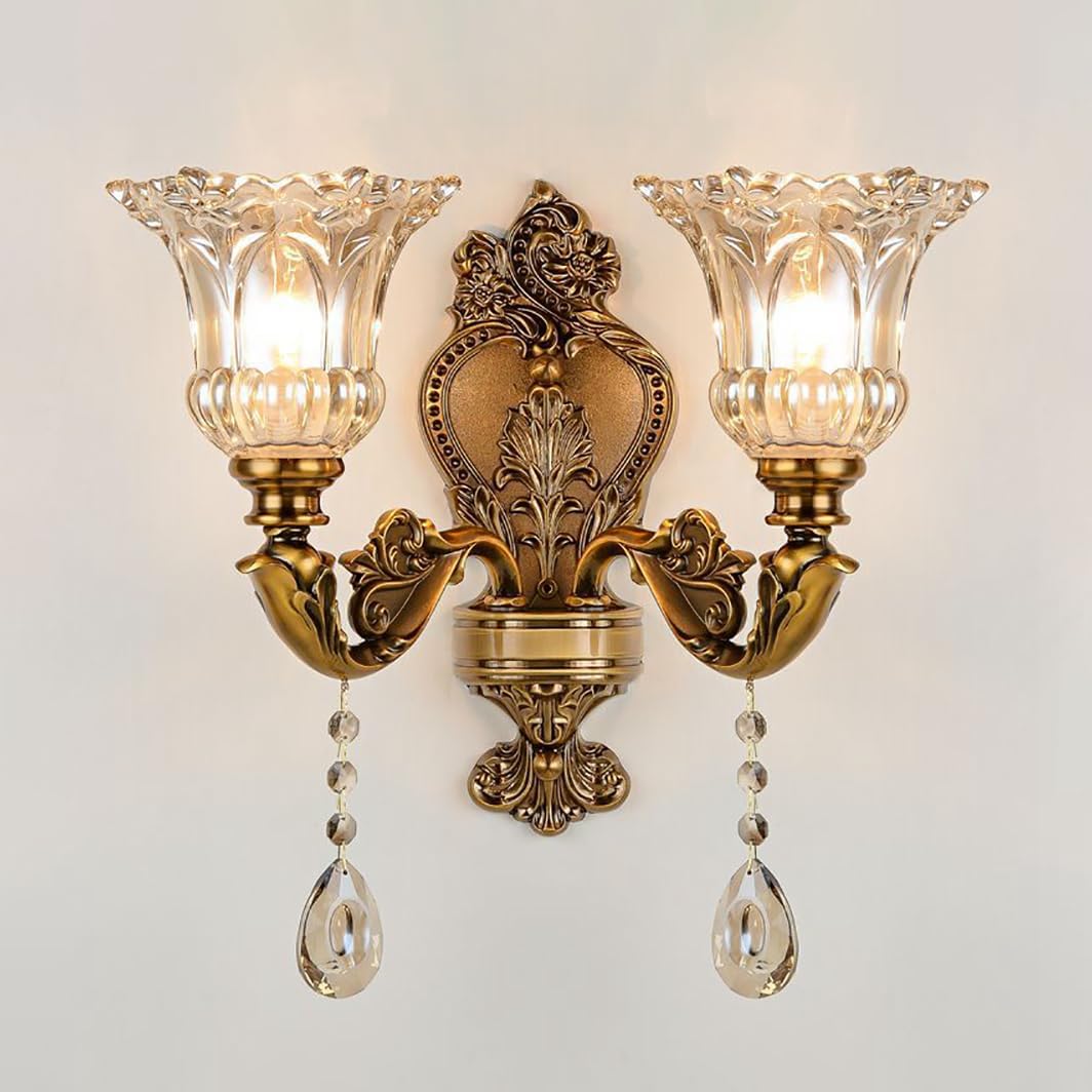Vintage Glass Wall Sconce, Elegant Brass Wall Light, Crystal Floral Bedside Wall Lamp, Wall Mounted Lamp for Entrance, Bedroom, Hallway