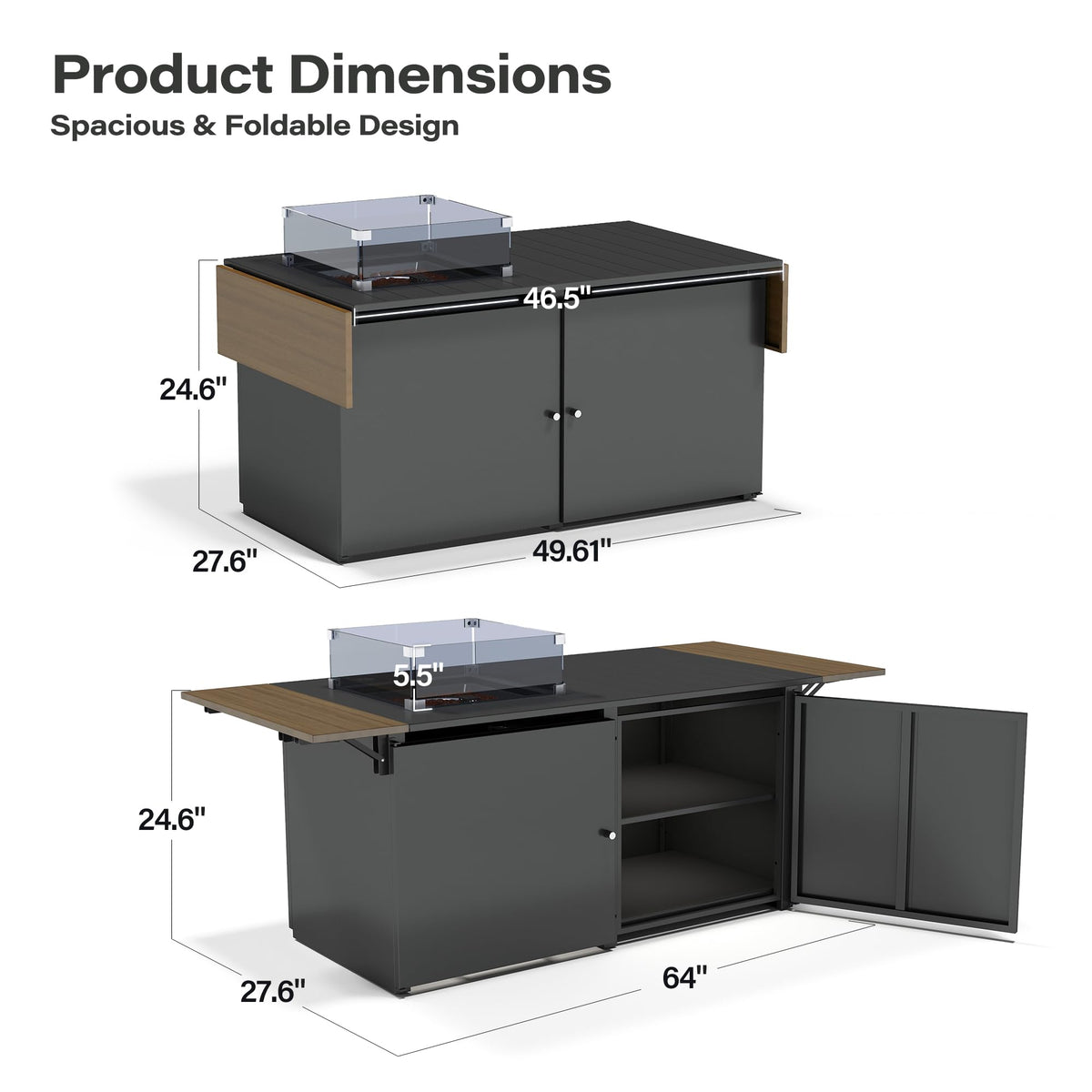 Propane Fire Pit Table 64 Inch with Lid, 60, 000 BTU Gas Fire Pits for Outside Patio with Glass Wind Guard, Dark Grey
