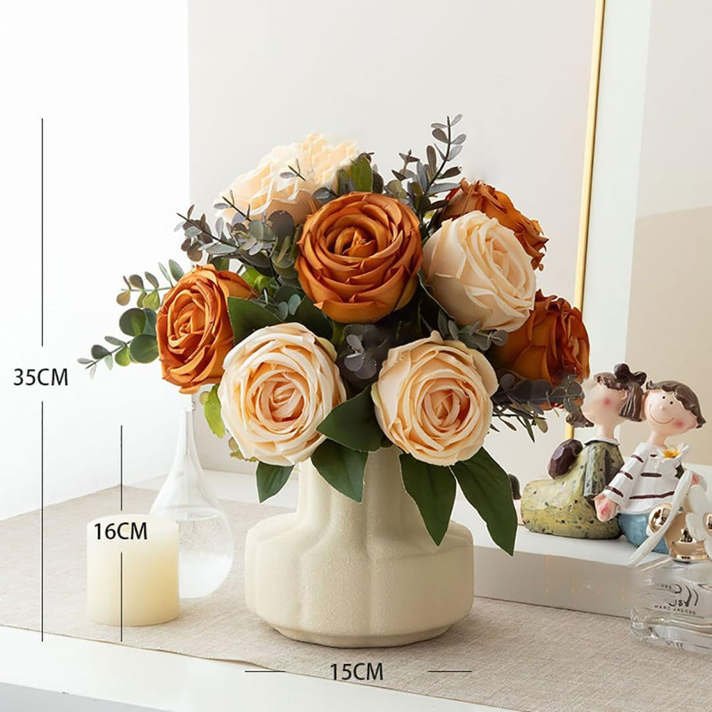 Silk Roses Artificial Flowers in Vase, Fake Flowers with Vase, Faux Flower Arrangement with Vase Decoration, Dining