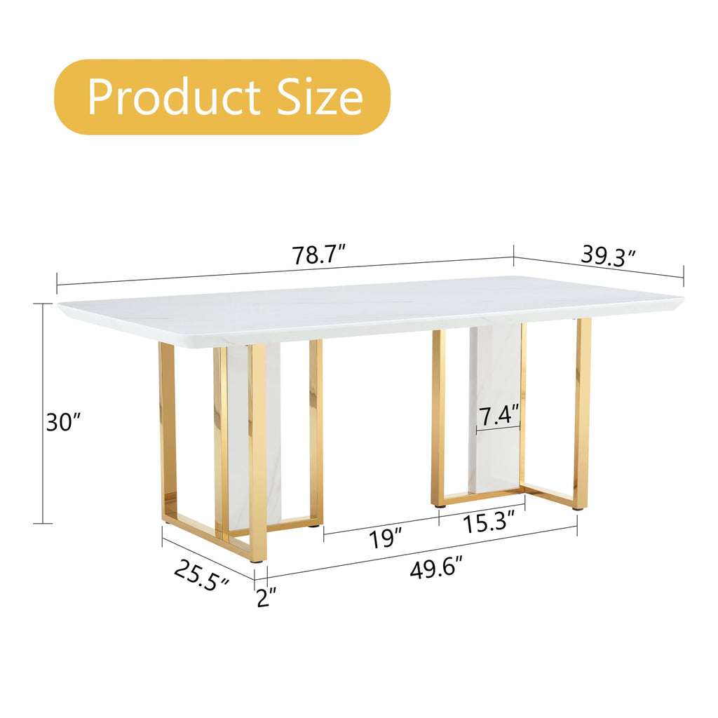 79 Inch Faux Marble Dining Table, White Rectangular Kitchen Table, 1.8 Inch Thick Mid Century Modern Dinner Table