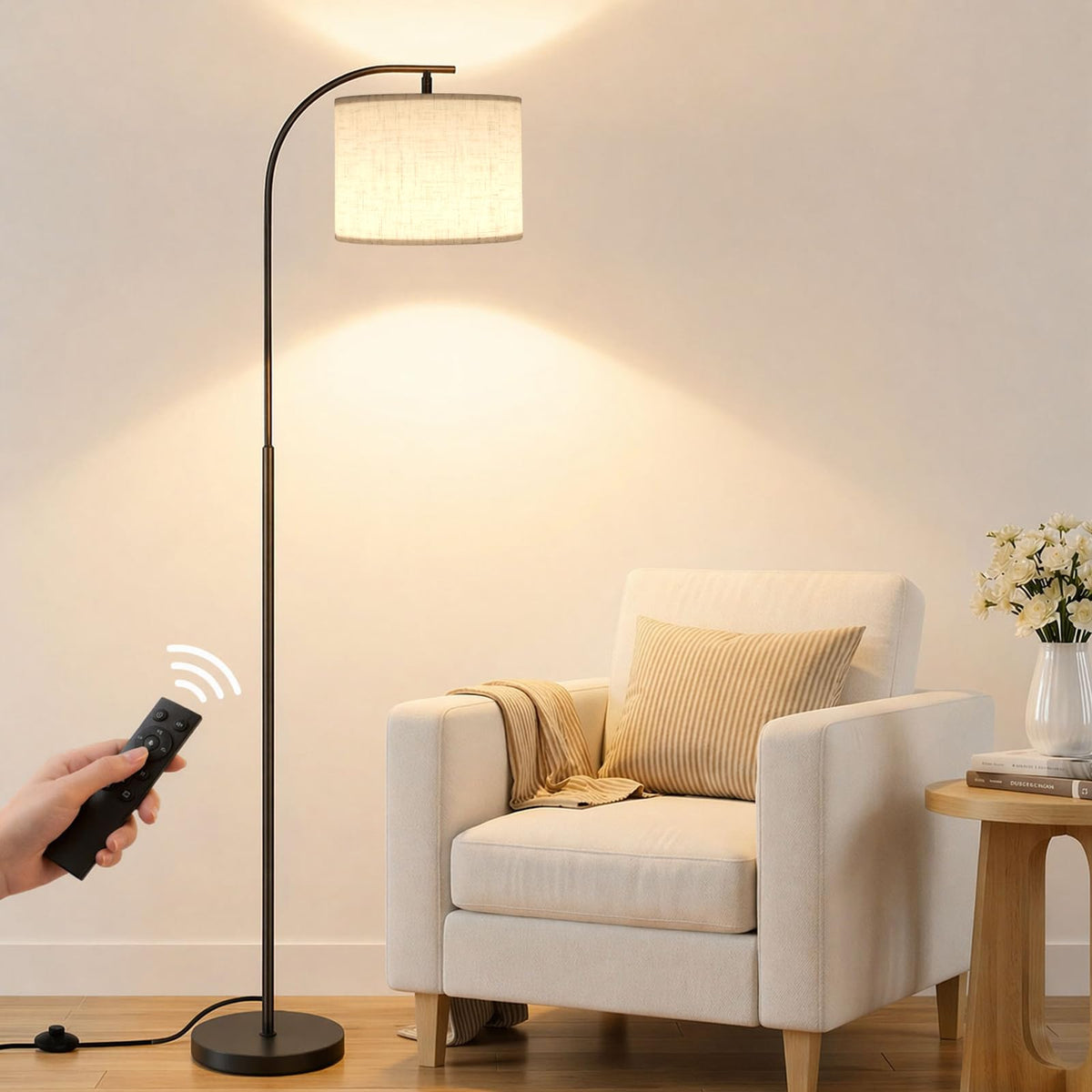 Floor Lamp with Linen Shade, Arc Dimmable Tall Standing Lamp with Remote Control, Modern Floor Reading Light Bedroom