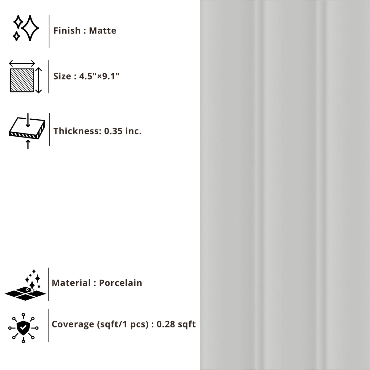 Slate Gray Ribbed Porcelain Wall Tile 4.5" x 9.1" Matte Finish, Fluted Decorative 3D Wall Tile Backsplash, Bathroom