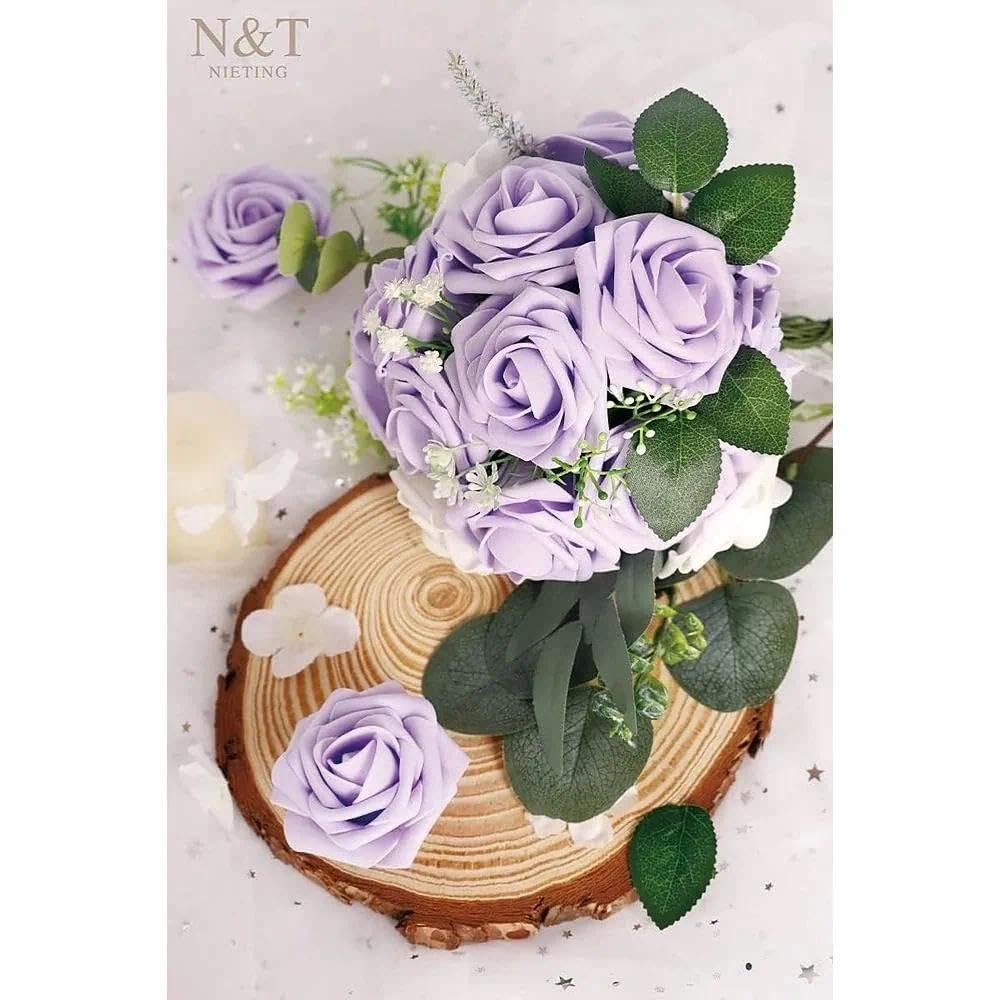 Artificial Flowers with Stems 25pcs Purple Lavender Flowers Bulk Real Touch Fake Roses Flowers for DIY Wedding Bridal