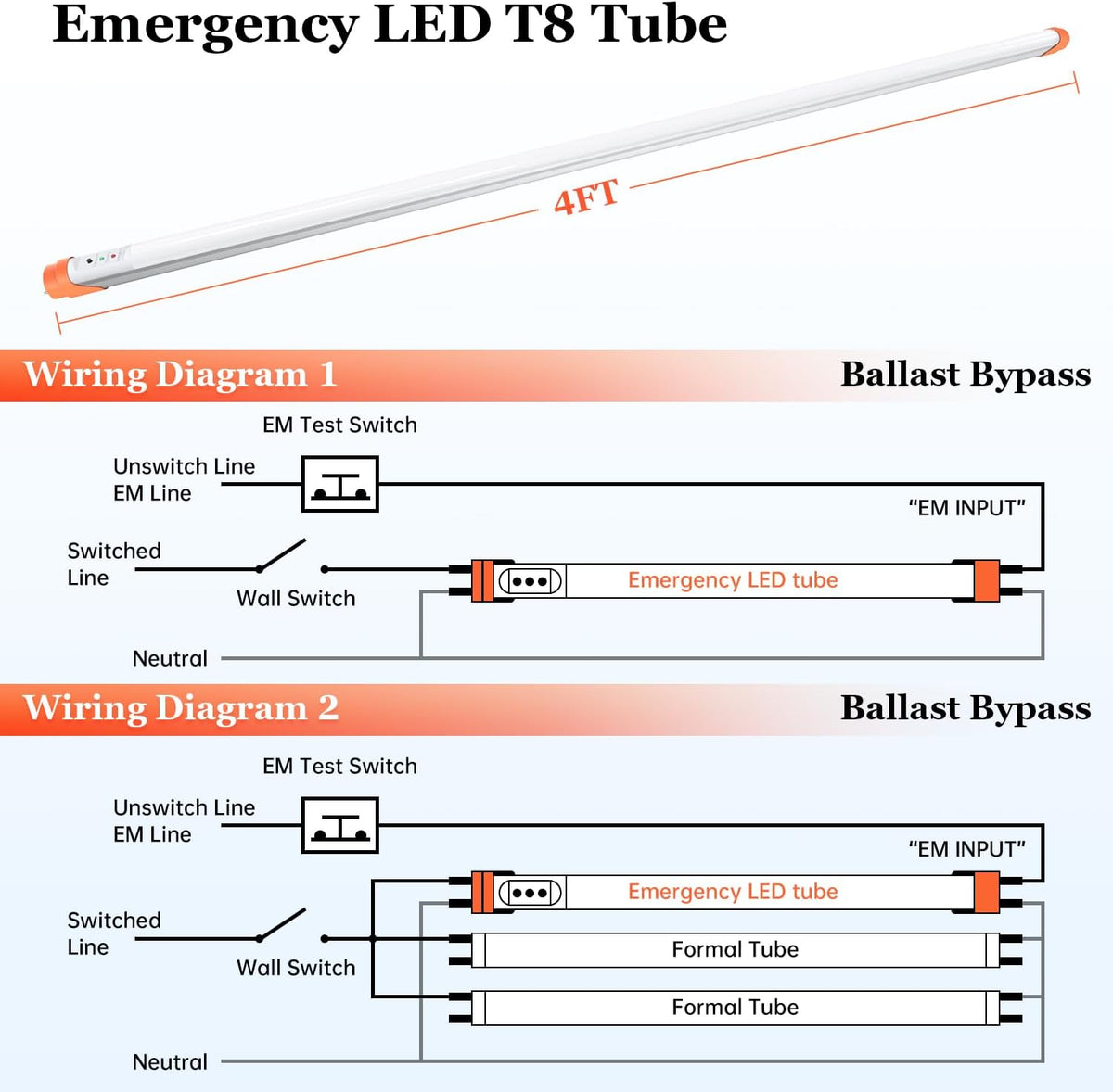 Emergency T8 LED Tube 4ft with Battery Backup, Hardwired G13 Light Bulbs