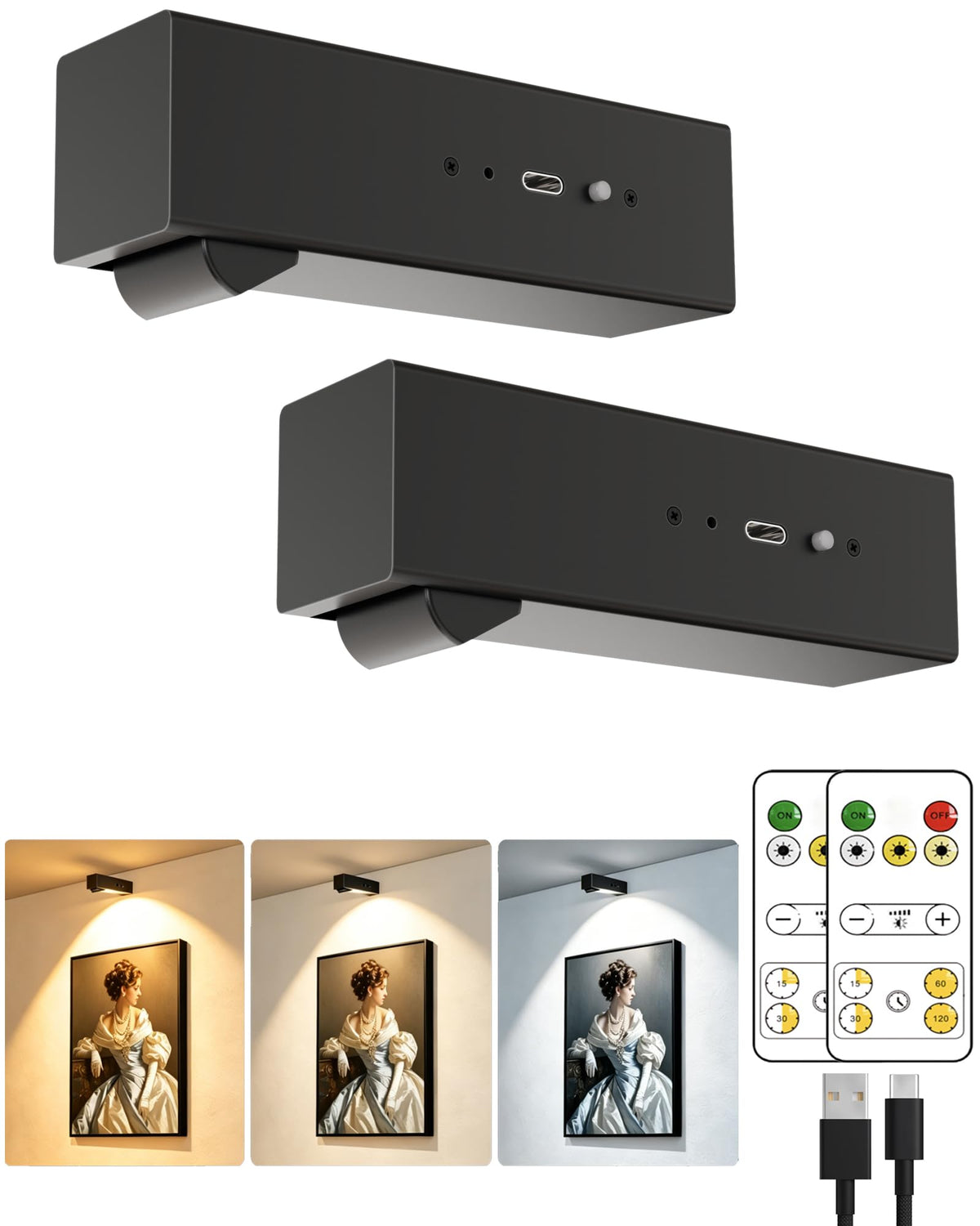 Picture Lights for Wall, 2 Pack Metal Rechargeable 5000mAh Battery Lights with 60° Pivoting Head, Remote, Timer, 3