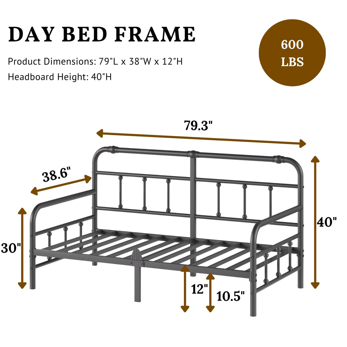 12 Inch Day Bed with Vintage Headboard