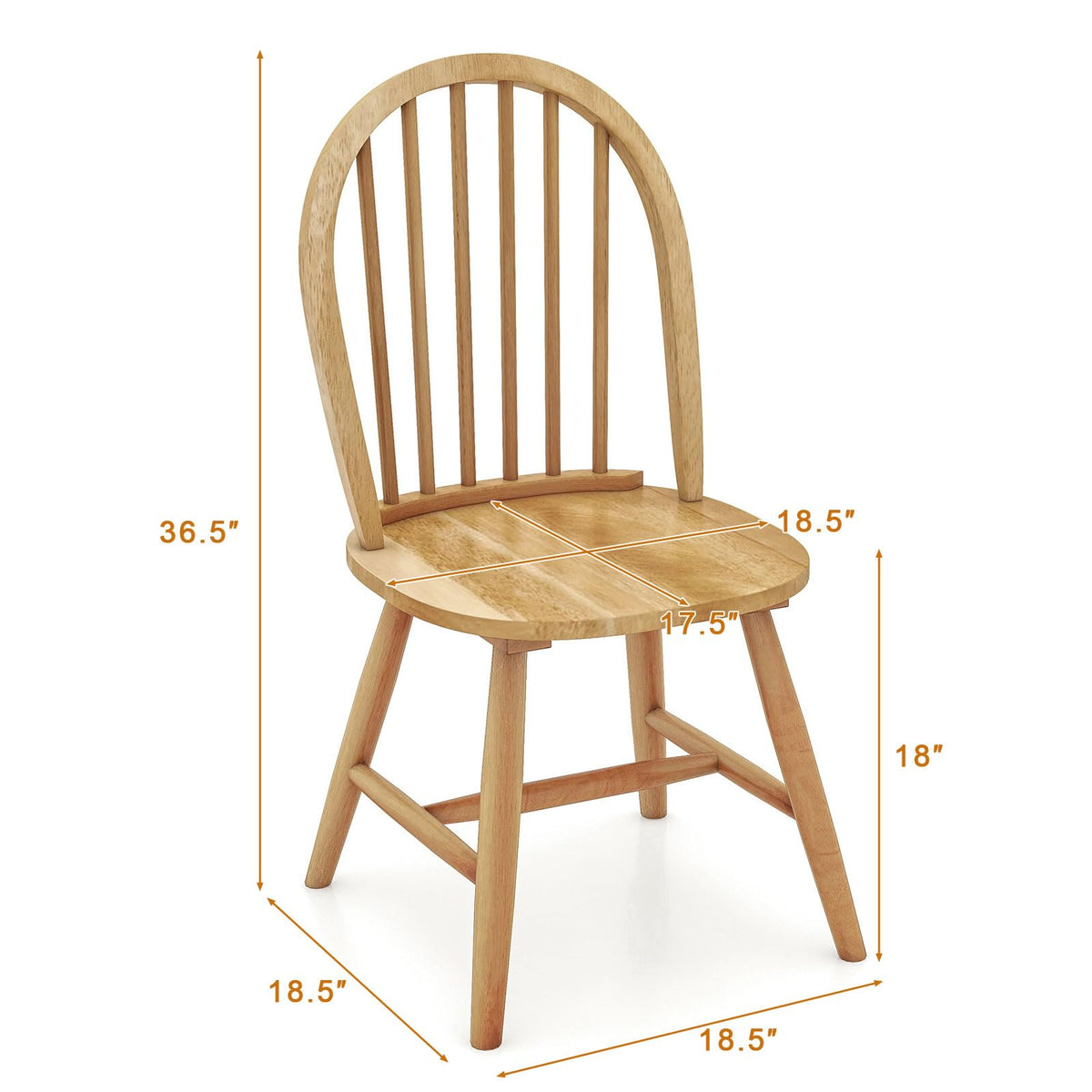 18" Oak Dining Chairs Set of 2, Wood Windsor Chair with Spindle Back for Country Farmhouse Kitchen Island