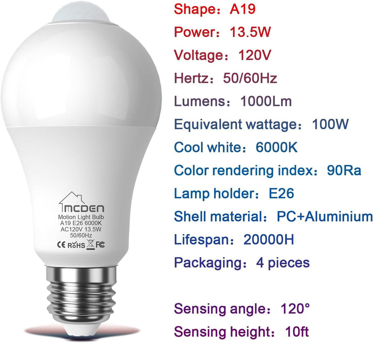 Motion Sensor Led Light Bulbs, 100W Equivalent E26 6000K 13.5W 120V, 4Pack