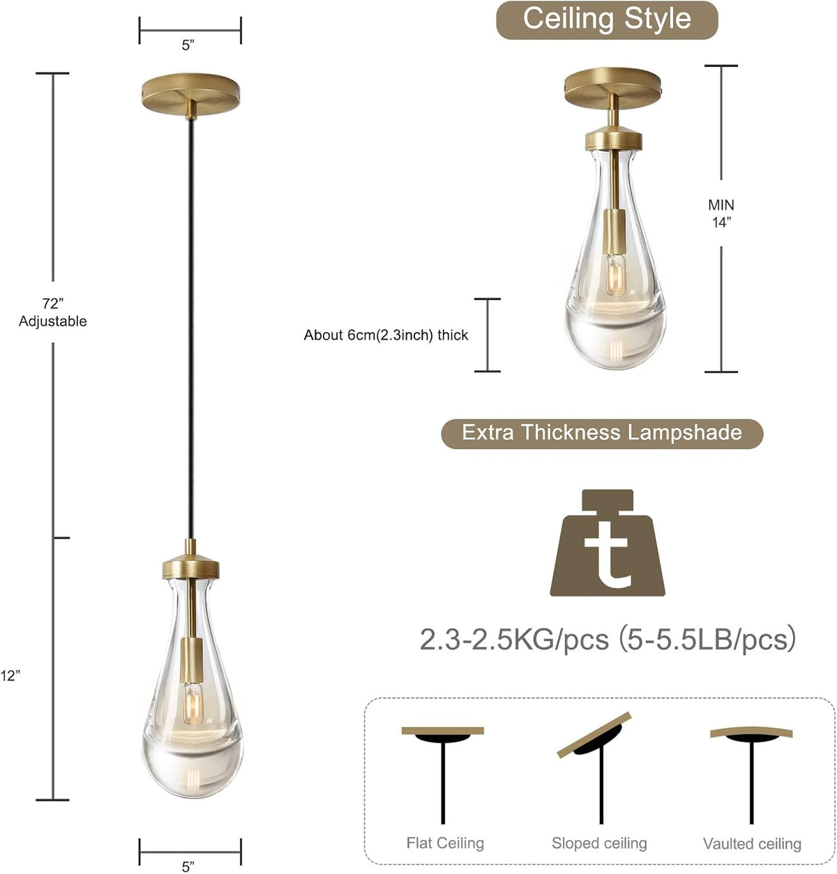 Raindrop Pendant Lights Kitchen Island Set of 2 Teardrop Gold Hanging Light Fixtures Clear Solid Glass Pendant Light Modern Chandeliers for Dining Room Porch Corridor Living Room