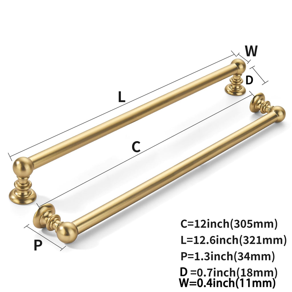 2 Pack 12 inch(305mm) Hole Center Brushed Brass Cabinet Pulls Solid Heavy-Duty Warm Brass Kitchen Cabinet Hardware