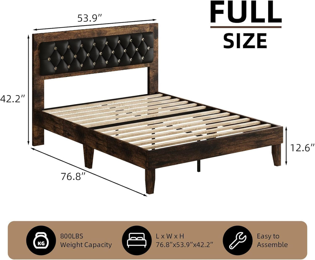 Wood Bed Frame with Diamond Tufted Headboard, Walnut