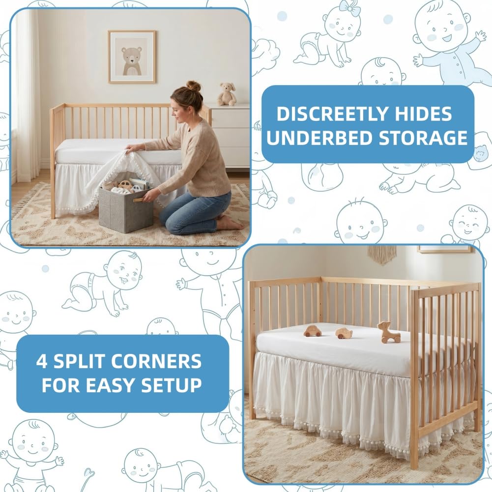 Baby Crib Skirt with Pompoms Pleated Dust Ruffle for Unisex Baby Boys or Girls Soft Breathable Nursery Crib Toddler