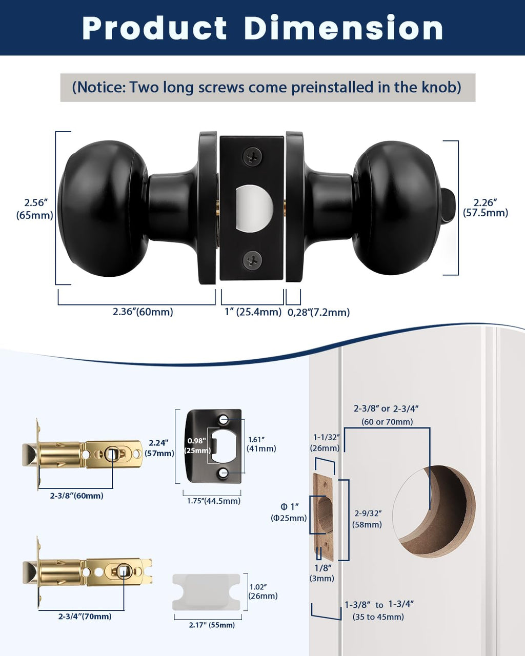 10 Pack Matte Black Privacy Door Knobs Interior, Classic Round Shape Bedroom Doorknobs with Lock, Keyless Modern