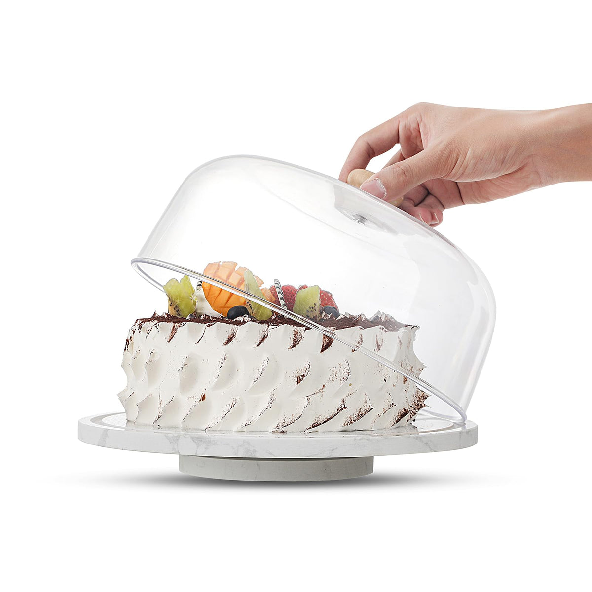 Marble Cake Stand with Acrylic Dome Lid, Cake Holder 360° Rotating, Cake Plate Board for Party, Wedding, Cake Display