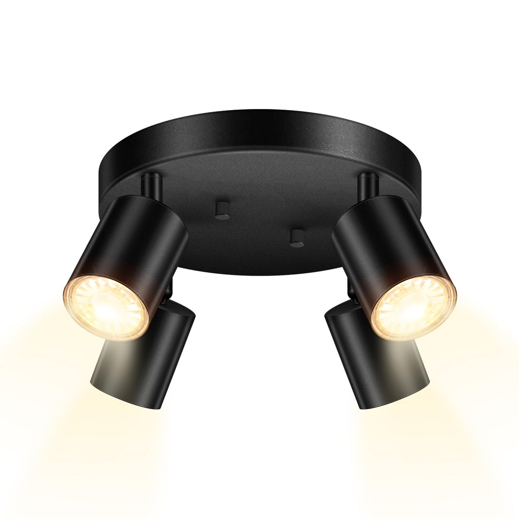 LED 4 Light Track Lighting Kit, LED Track Lighting Fixtures, Black Round Ceiling Spot Lighting, Flexibly Rotatable
