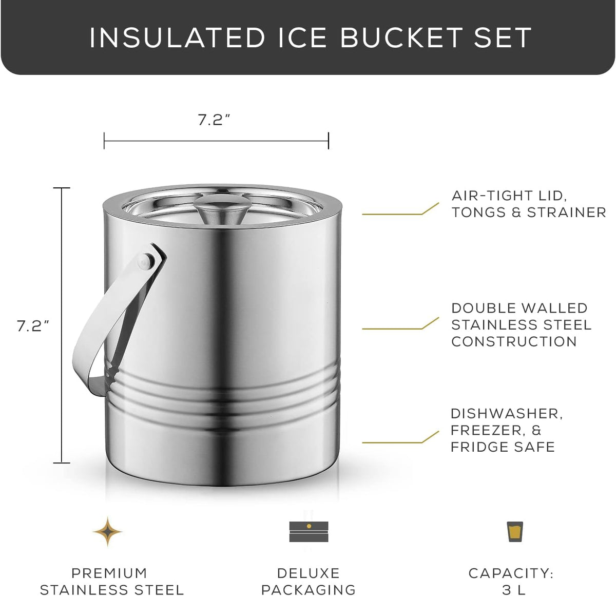 Metal Double Wall Ice Bucket with Lid, Ice Tongs and Strainer. 3L Insulated Ice Bucket for Cocktail Bar, Wine, Home - Set of 3