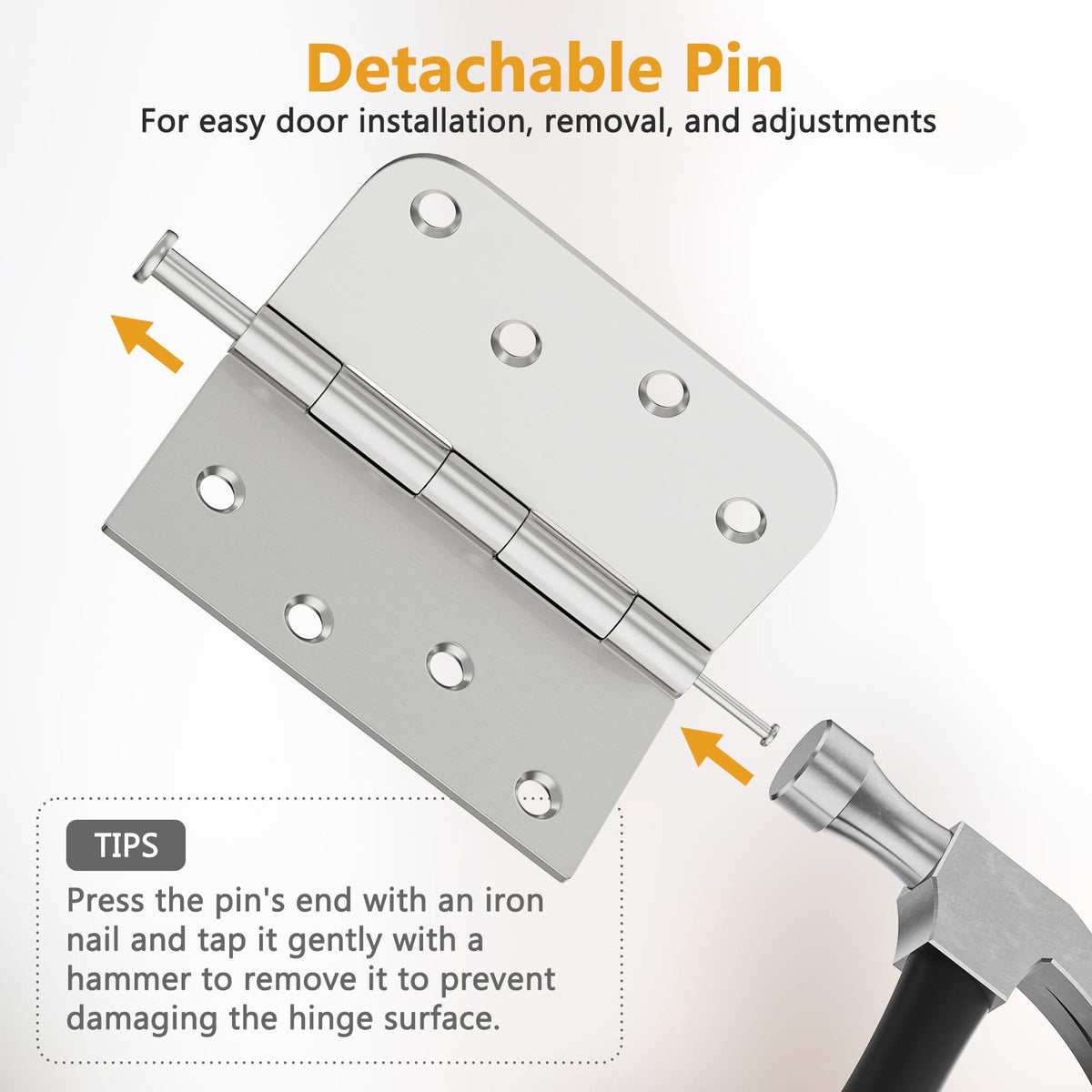 6 Pack Brushed Nickel Door Hinges 4 Inch, Exterior Door Hinges with Square & 5/8" Radius, Removable Pin, Perfect for