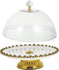 White Round Ceramic Cake Stand with Glass Dome, 8 Inch