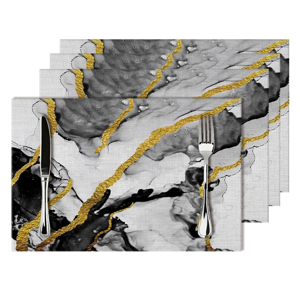 Black White and Gold Marble Linen Placemats Set of 4, Modern Luxury Washable Non-Slip Heat-Resistant Durable Kitchen