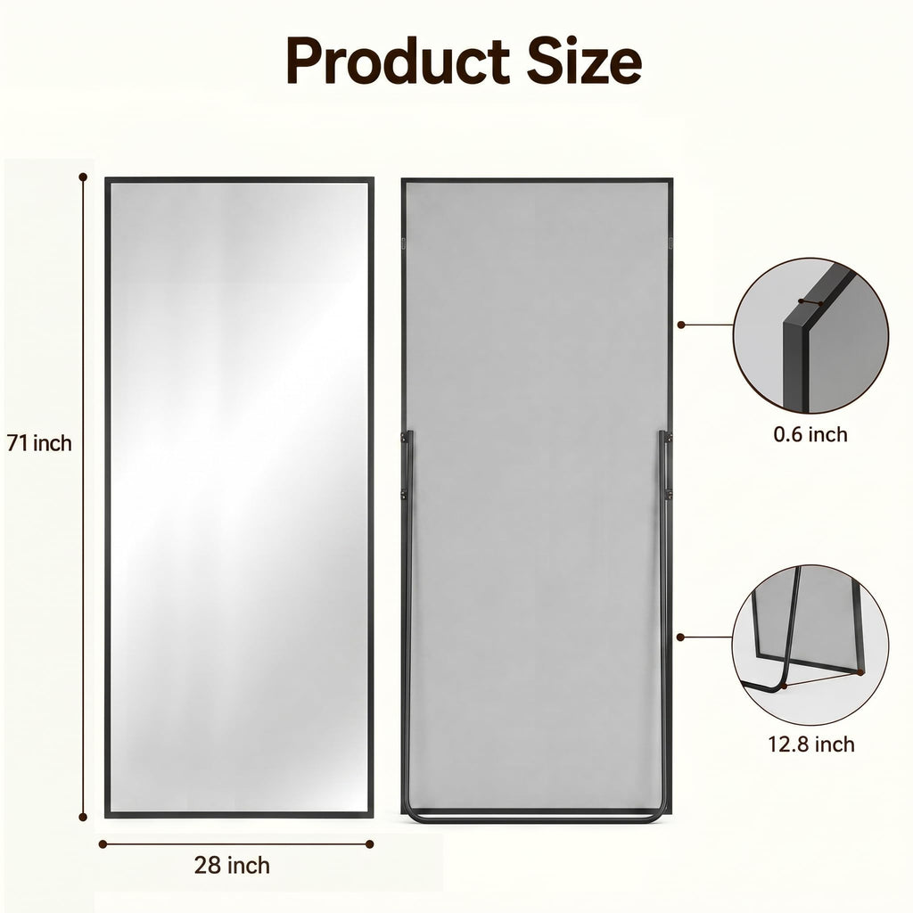 Full Length Mirror, 71"x28" Floor Mirror with Stand, Black, Rect