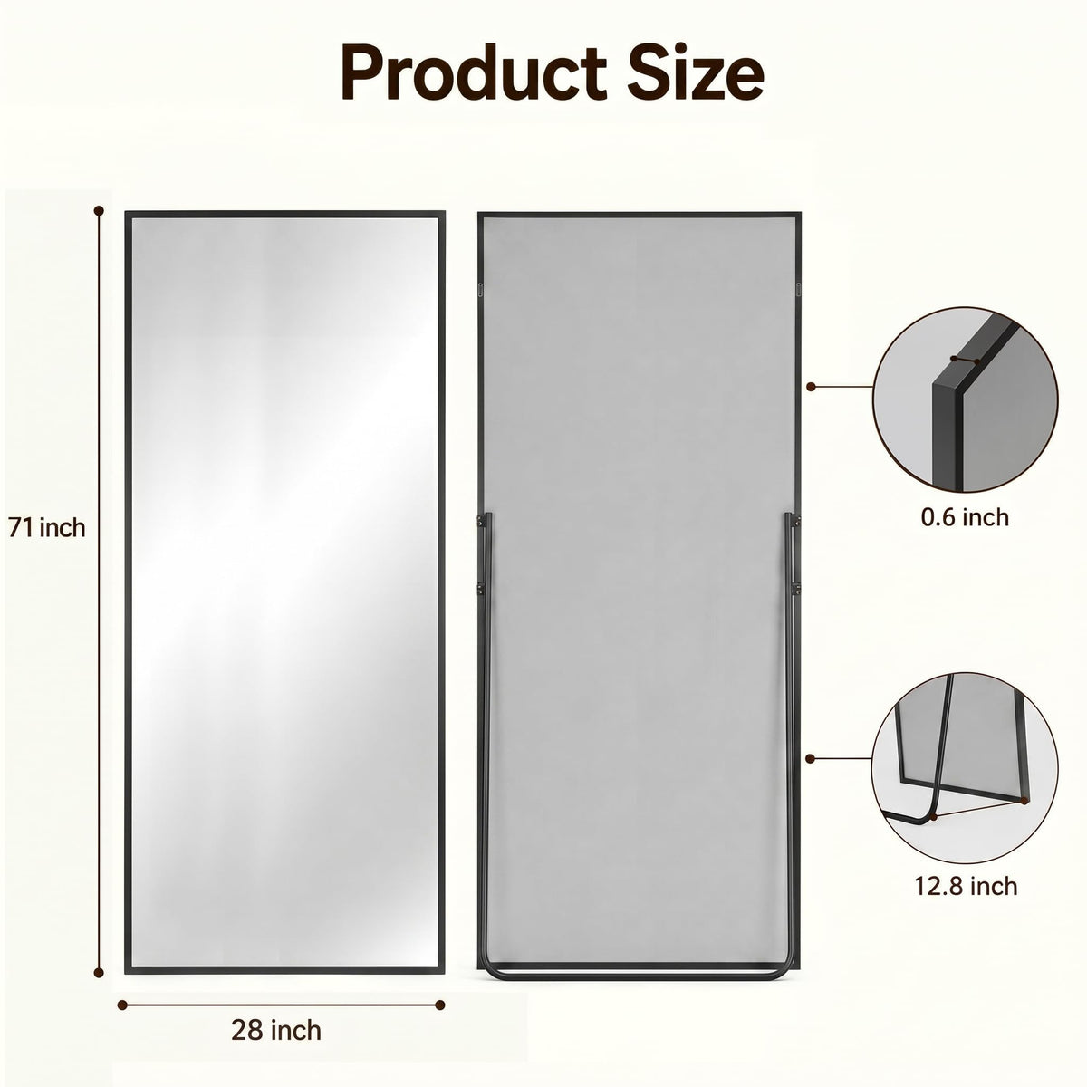 Full Length Mirror, 71"x28" Floor Mirror with Stand, Black, Rect