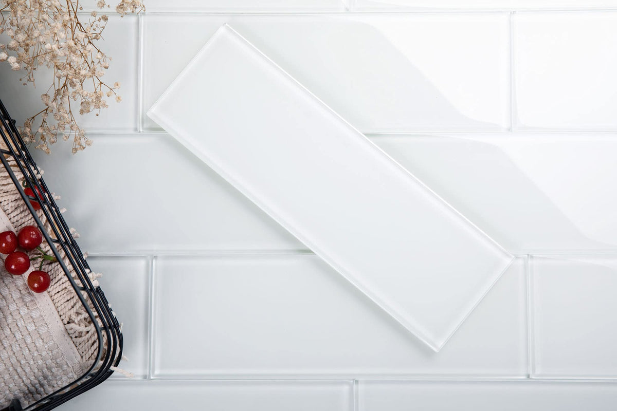 Glass Subway Backsplash Tile, 4x12, Bright White