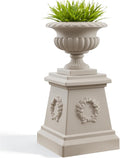 20" H Large Plastic Roman Urn Planter with 28" Tall Decorative Pedestal | Faux Sandstone/Marble Finish
